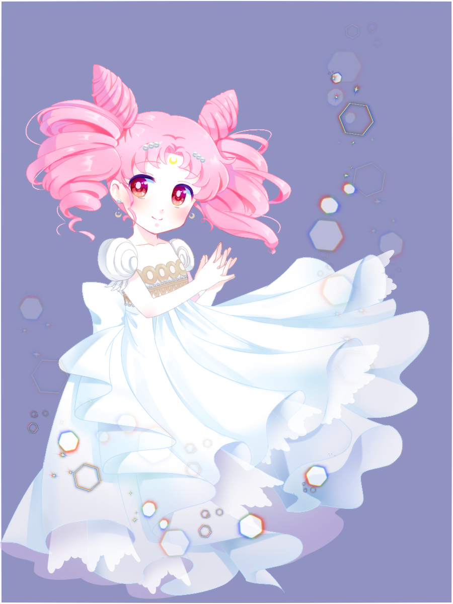 anpu_(amppwt) bishoujo_senshi_sailor_moon chibi_usa chromatic_aberration closed_mouth crescent crescent_earrings double_bun dress drill_hair earrings facial_mark forehead_mark full_body gown hair_ornament hands_clasped highres interlocked_fingers jewelry lens_flare looking_to_the_side own_hands_together pink_hair purple_background red_eyes simple_background small_lady_serenity smile solo twin_drills twintails white_dress