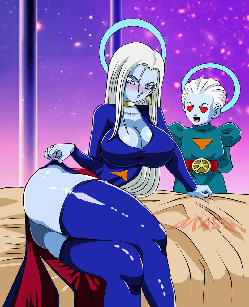 1boy 1girl ass blue_skin blush breasts cleavage clothed collar colored daishinkan dicasty dragon_ball dragon_ball_super eyelashes heart_eyes large_breasts long_hair looking_at_breasts on_bed open_mouth parted_lips ponytail pose purple_eyes purple_lipstick shiny shiny_skin smile tongue vados_(dragon_ball) white_hair