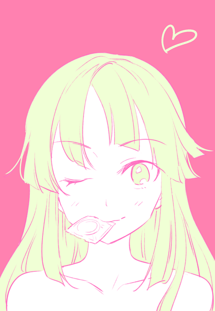 bang_dream! blonde_hair condom condom_in_mouth eyebrows_visible_through_hair flat_color heart kimino_tomonari long_hair mouth_hold nude one_eye_closed pink_background portrait simple_background smile solo tsurumaki_kokoro