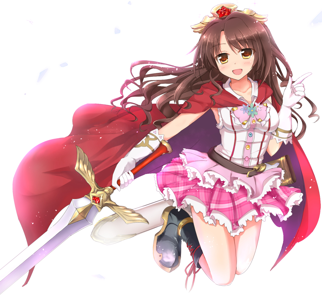 :d belt black_footwear blush boots breasts brown_eyes brown_hair cape capelet full_body gloves holding holding_sword holding_weapon huna idolmaster idolmaster_cinderella_girls long_hair medium_breasts open_mouth pink_skirt plaid plaid_skirt princess_connect! red_cape sheath shimamura_uzuki skirt smile solo sword weapon white_gloves