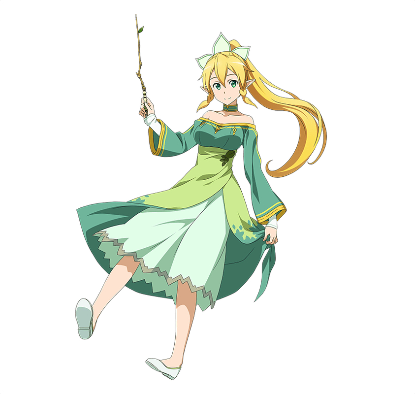 blonde_hair breasts elf_ears green_dress green_eyes leafa long_hair official_art ponytail smile sword sword_art_online tagme wand warrior