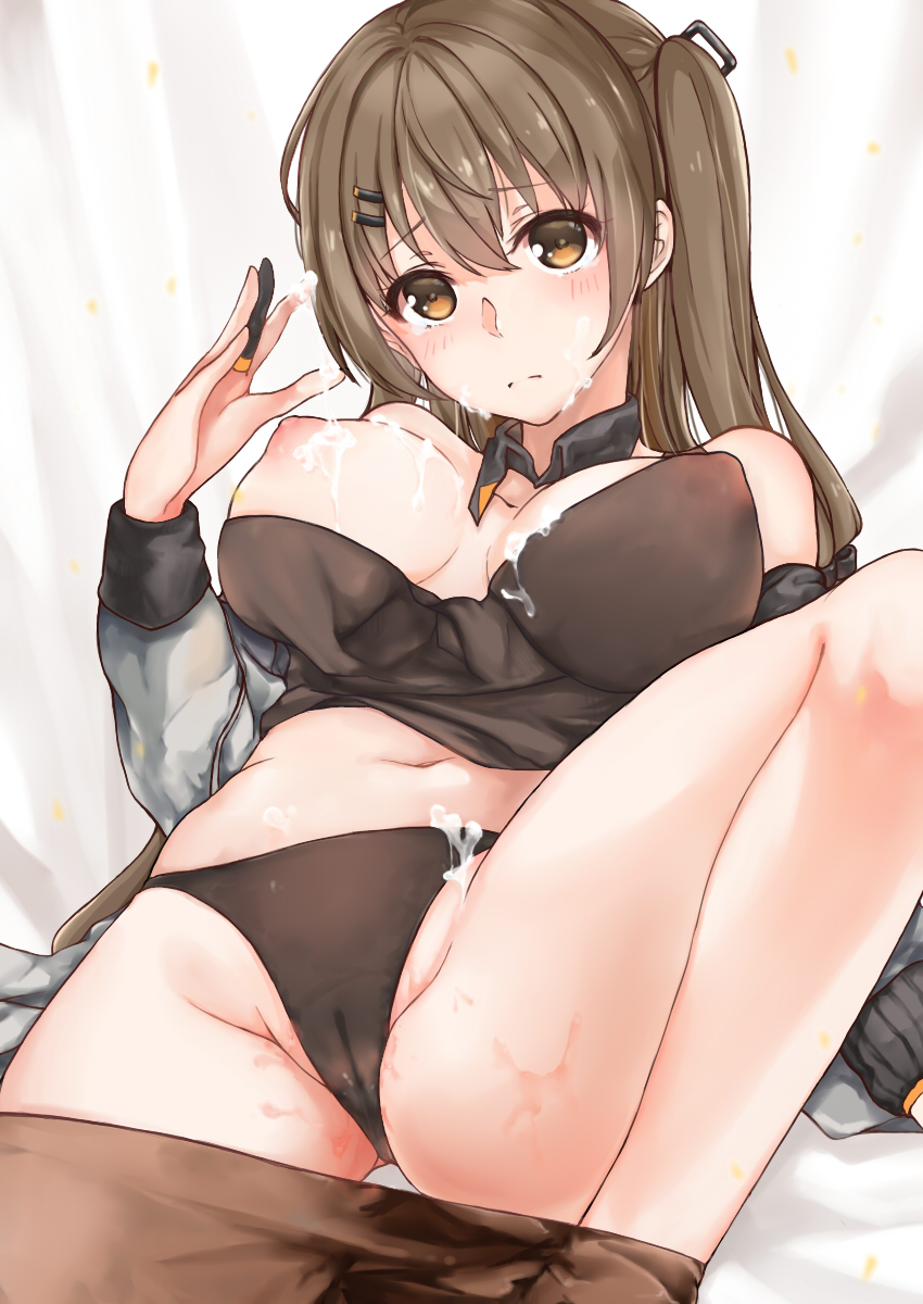 bangs blush breasts brown_eyes brown_hair brown_legwear closed_mouth commentary_request cum cum_on_body cum_on_breasts cum_on_upper_body eyebrows_visible_through_hair facial girls_frontline hair_between_eyes hair_ornament hairclip hand_up highres k-2_(girls_frontline) knee_up large_breasts long_hair looking_at_viewer lying navel nipples on_back one_side_up pantyhose pantyhose_pull patchouligo solo thighs