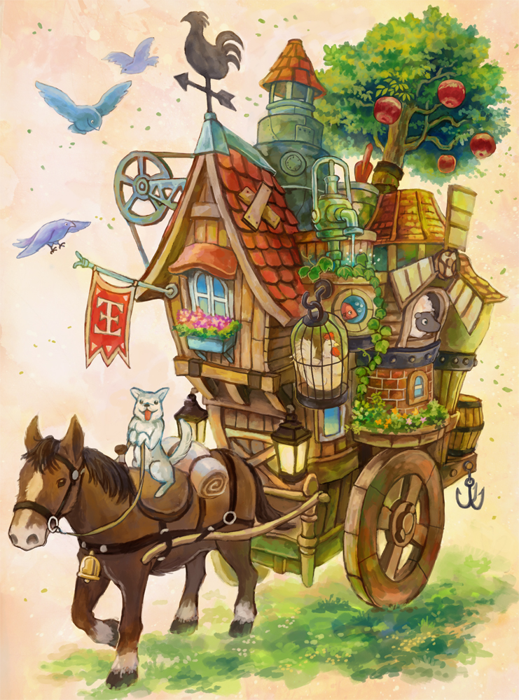 apple bell bird birdcage cage carriage chicken chimney commentary_request dog fantasy faucet fish flag flower food fruit grass grey_background hook horse horseback_riding kemi_neko lantern leaf looking_at_viewer no_humans original plank plant potted_plant reins riding rooster sheep tongue tongue_out tree walking water windmill window