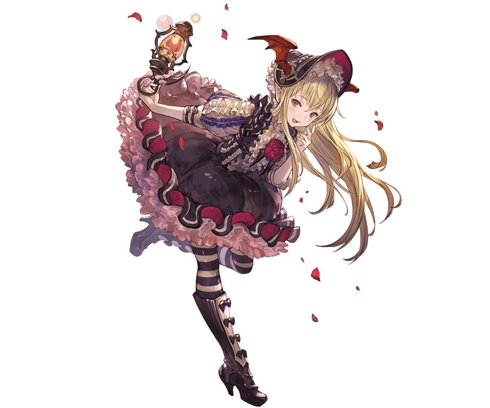 bangs blonde_hair boots dress frills full_body granblue_fantasy holding knee_boots leg_up long_hair minaba_hideo official_art oil_lamp open_mouth petals pointy_ears puffy_short_sleeves puffy_sleeves red_eyes shadowverse shingeki_no_bahamut short_dress short_sleeves smile solo striped striped_legwear transparent_background vampy