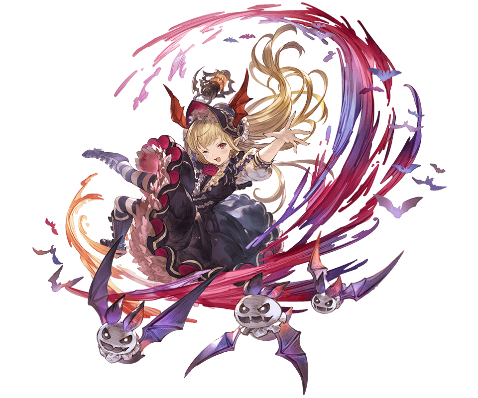 bangs bat blonde_hair boots dress eyebrows_visible_through_hair frills full_body granblue_fantasy holding knee_boots long_hair minaba_hideo official_art oil_lamp one_eye_closed open_mouth pointy_ears puffy_short_sleeves puffy_sleeves red_eyes shadowverse shingeki_no_bahamut short_dress short_sleeves smile solo striped striped_legwear transparent_background vampy