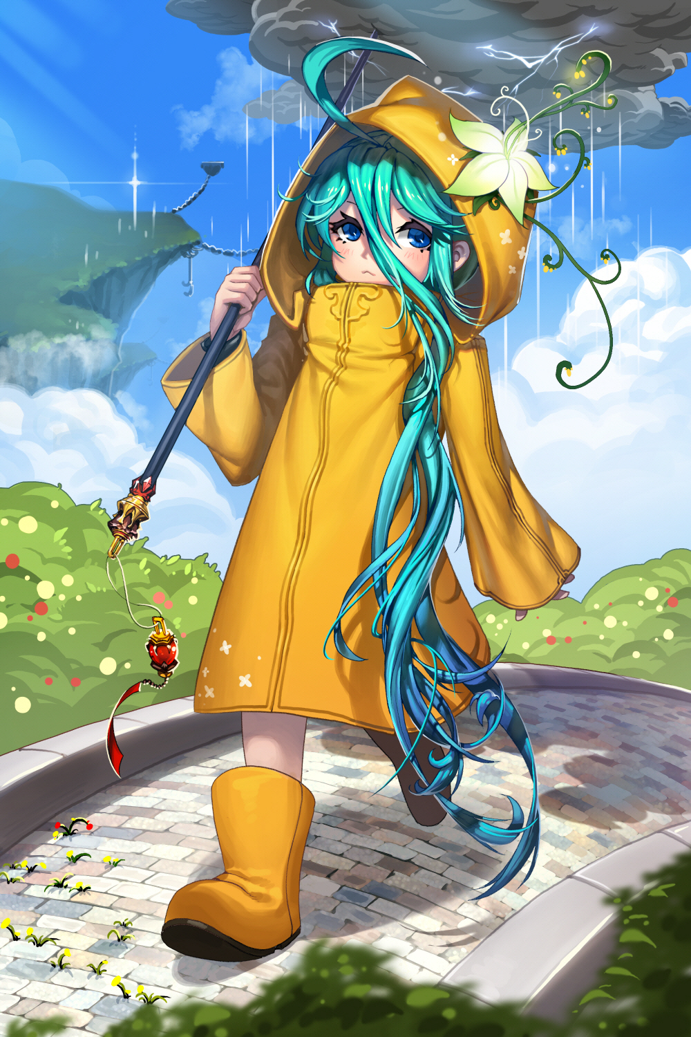 :3 ahoge aqua_hair blue_eyes blue_sky blush chac_(devil_maker) chain cliff closed_mouth cloud commentary day devil_maker flower gem grass hair_between_eyes highres holding holding_weapon hood hood_up long_hair looking_at_viewer official_art path pavement rain raincoat rheez road sky solo trench_coat very_long_hair walking weapon