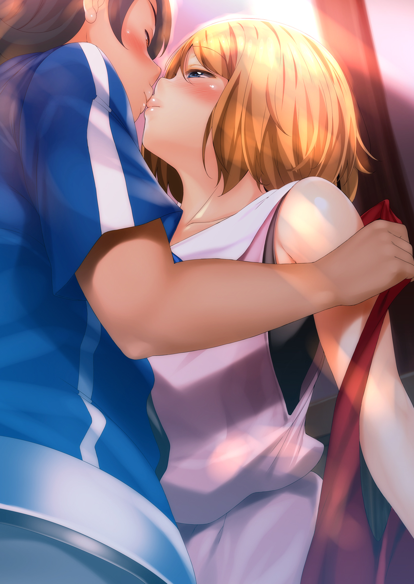1girl against_wall bare_shoulders black_hair blue_eyes blush brown_eyes dress eye_contact face-to-face fumihiko_(pixiv2658856) half-closed_eyes hetero highres imminent_sex kiss light_brown_hair looking_at_another pokemon pokemon_(anime) pokemon_xy_(anime) satoshi_(pokemon) serena_(pokemon) short_hair short_sleeves sleeveless_duster undressing