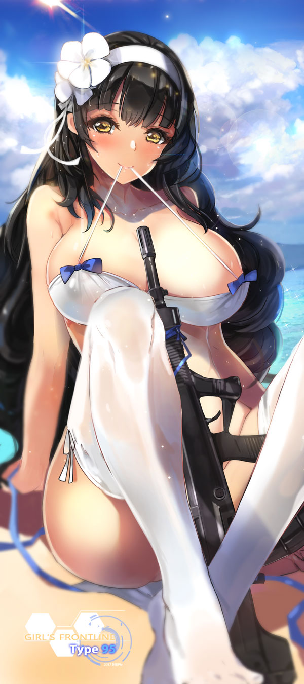 arm_support assault_rifle bangs bare_arms bare_shoulders beach between_breasts between_legs bikini bikini_top black_hair blue_bow blunt_bangs blurry blush bottomless bow breasts bullpup character_name cleavage cloud cloudy_sky collarbone convenient_leg copyright_name day deeple depth_of_field eyebrows_visible_through_hair flower foreshortening girls_frontline groin gun hair_flower hair_ornament hairband highres knees_up large_breasts light_rays long_hair looking_at_viewer mouth_hold no_shoes ocean qbz-95 qbz-95_(girls_frontline) rifle sitting sky solo sparkle sunbeam sunlight swimsuit thighhighs tsurime untied untied_bikini very_long_hair weapon white_bikini_top white_hairband white_legwear yellow_eyes