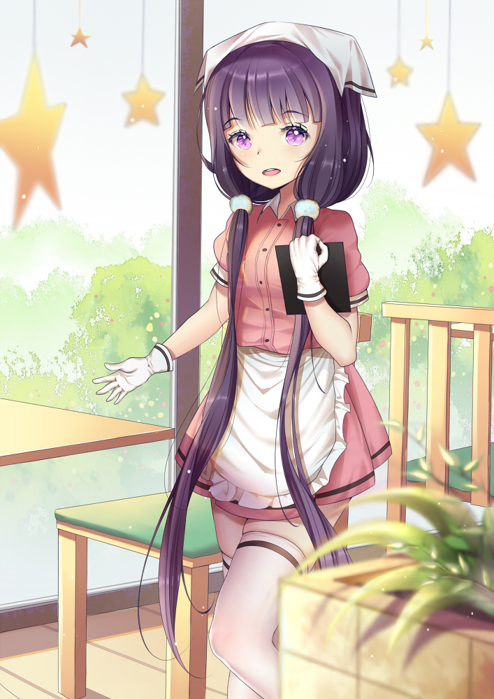 apron bangs blend_s blunt_bangs blush bush chain commentary_request day eyebrows_visible_through_hair frilled_apron frills gloves hair_ornament hair_over_shoulder head_scarf holding indoors long_hair looking_at_viewer low_twintails parted_lips pink_shirt pink_skirt plant potted_plant purple_eyes purple_hair sakuranomiya_maika shirt short_sleeves skirt smile solo star stile_uniform table thighhighs twintails uniform very_long_hair waist_apron waitress white_apron white_gloves white_legwear xiaosan_ye zettai_ryouiki