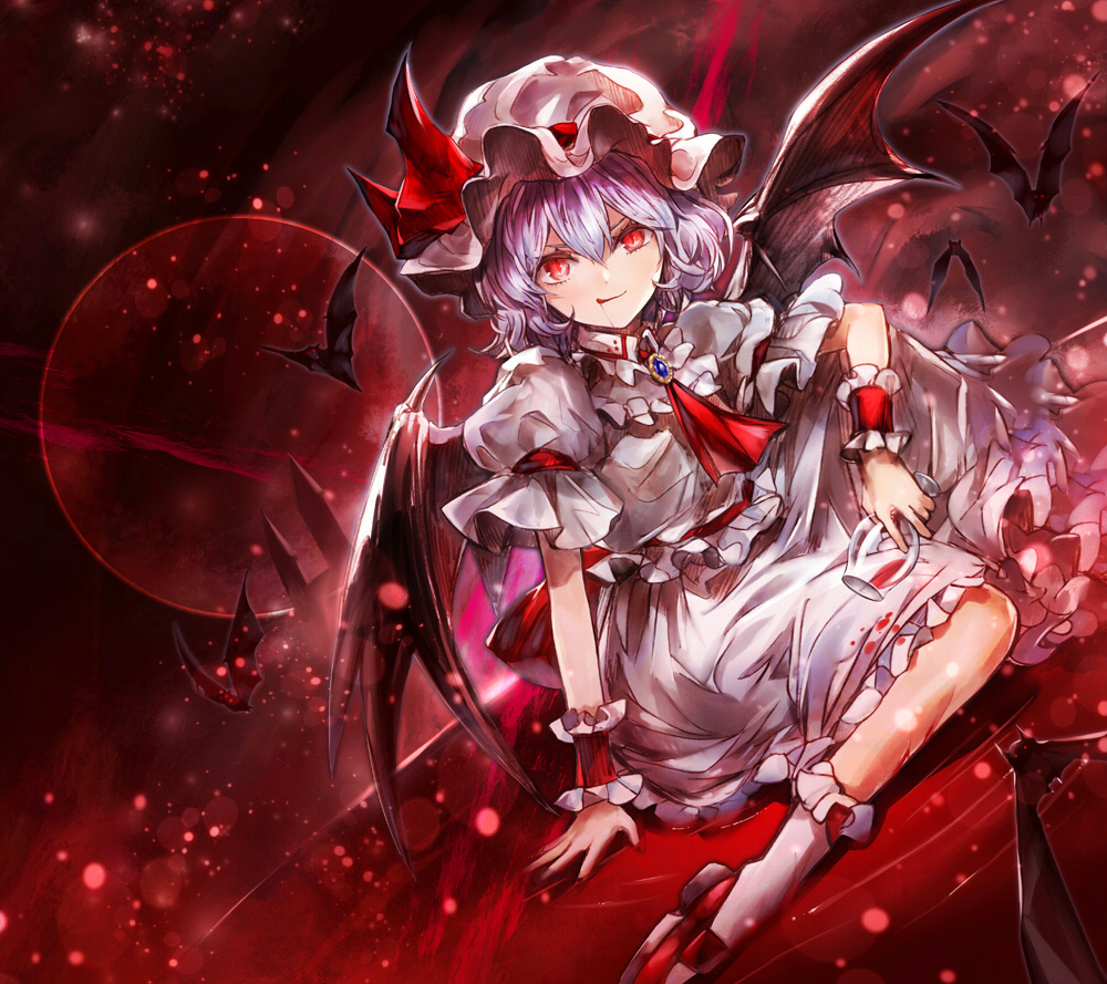 ascot banned_artist bat bat_wings blood brooch closed_mouth commentary_request dutch_angle full_body hat hat_ribbon jewelry kozou_(soumuden) lavender_hair licking_lips looking_at_viewer mob_cap moon red_eyes red_footwear red_moon red_ribbon remilia_scarlet ribbon shoes sitting skirt skirt_set smile socks solo tongue tongue_out touhou white_legwear white_skirt wings wrist_cuffs