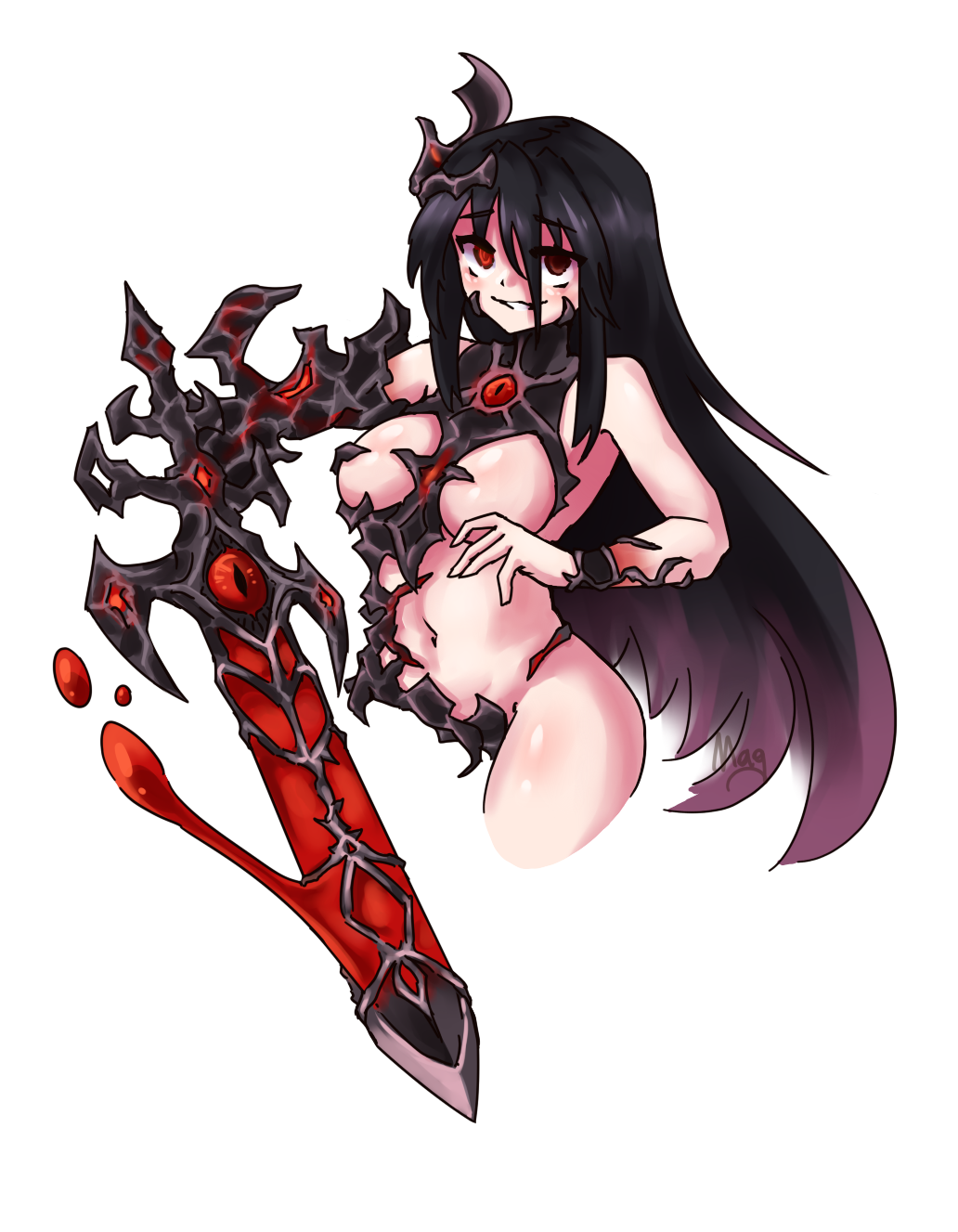 armor bangs bare_shoulders bell black_hair bracer breasts commentary convenient_censoring cropped_legs cursed_sword_(monster_girl_encyclopedia) extra_eyes eyebrows_visible_through_hair gem grin hair_bell hair_ornament highres large_breasts long_hair looking_at_viewer maganium monster_girl monster_girl_encyclopedia navel parted_lips red_eyes signature slit_pupils smile solo sword very_long_hair weapon