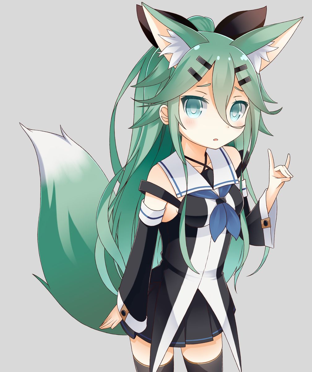 animal_ears black_legwear blue_neckwear collarbone commentary_request detached_sleeves fox_ears fox_girl fox_tail hair_between_eyes hair_ornament hair_ribbon hairclip highres kantai_collection kemonomimi_mode long_hair looking_at_viewer parted_lips pleated_skirt ribbon school_uniform serafuku simple_background skirt soba_(sobaya1938) solo tail thighhighs yamakaze_(kantai_collection) zettai_ryouiki