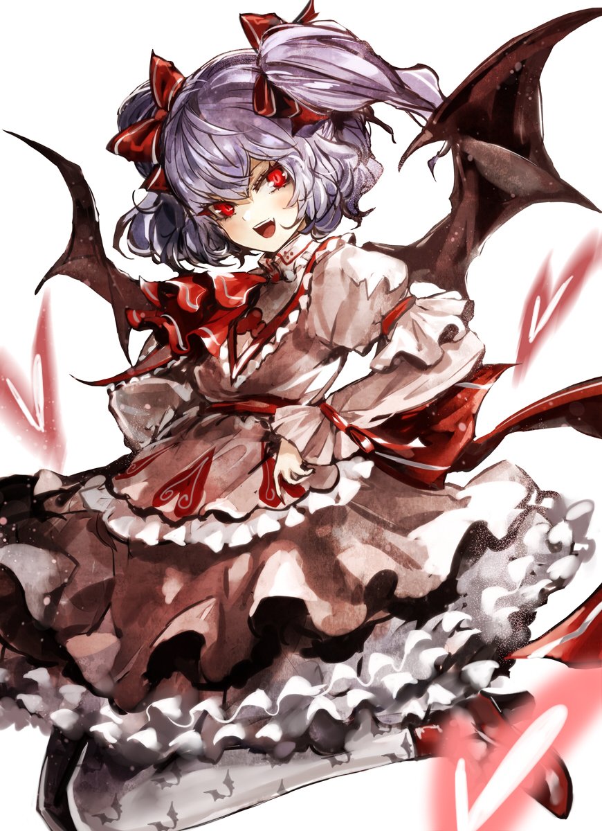 animal_print ascot banned_artist bat_print bat_wings commentary_request grey_legwear high_heels highres kozou_(soumuden) lavender_hair layered_skirt long_sleeves looking_at_viewer open_mouth pantyhose petticoat red_eyes red_footwear remilia_scarlet shoes short_twintails simple_background smile solo touhou twintails white_background wings