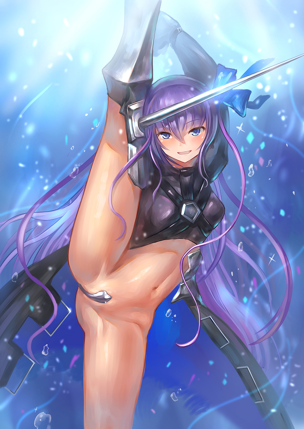 armor armored_boots arms_up ass_visible_through_thighs backlighting blue_eyes blue_ribbon blush boots breasts bubble crotch_plate eyebrows_visible_through_hair fate/extra fate/extra_ccc fate_(series) glint hair_between_eyes hair_ribbon hands_in_pockets highres leg_up light_particles long_hair long_sleeves looking_at_viewer meltlilith navel partially_visible_vulva purple_hair revealing_clothes ribbon small_breasts solo split spread_legs standing standing_on_one_leg standing_split stomach thigh_boots thighhighs thighs unbuckled very_long_hair waist_cape yahiro_(666131415)