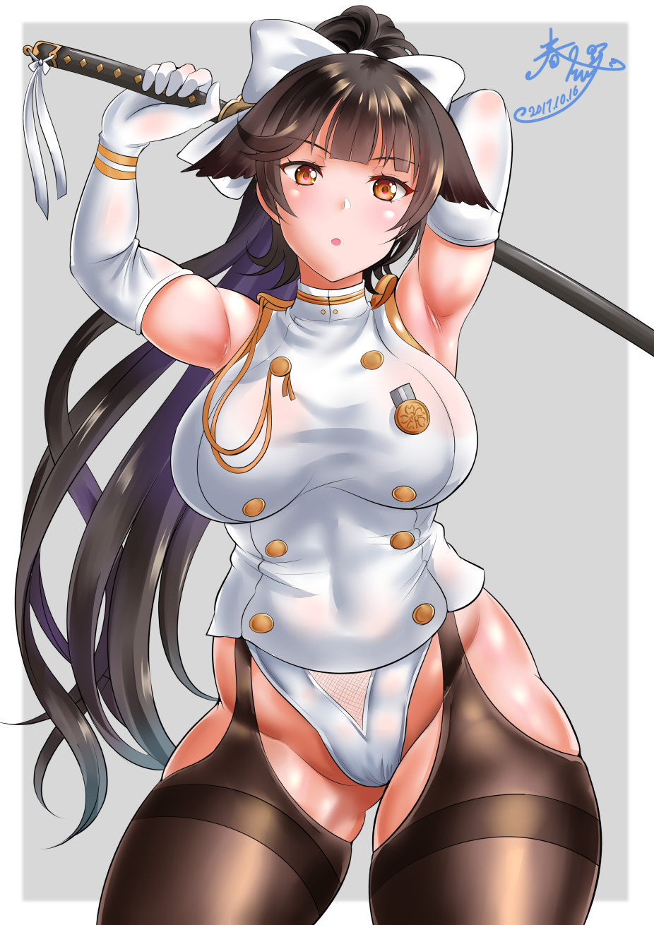 :o arms_up azur_lane bangs black_hair black_legwear blunt_bangs border breasts commentary_request contrapposto covered_navel cowboy_shot dated double-breasted elbow_gloves eyebrows_visible_through_hair floating_hair gloves grey_background hair_ribbon high_ponytail highres holding holding_sword holding_weapon jacket kasugano_tobari large_breasts leotard long_hair looking_at_viewer orange_eyes ponytail revision ribbon scabbard sheath sheathed shiny shiny_hair shiny_skin signature simple_background skindentation sleeveless_jacket solo standing sword takao_(azur_lane) taut_clothes thick_thighs thighhighs thighs very_long_hair weapon white_border white_gloves white_jacket white_leotard white_ribbon