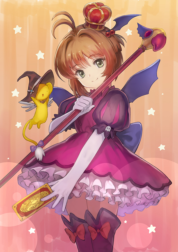 antenna_hair bat_wings bow brown_hair card cardcaptor_sakura clow_card commentary_request crown dress elbow_gloves frilled_dress frills fuuin_no_tsue gloves green_eyes hair_bobbles hair_ornament halloween hat head_tilt head_wings juliet_sleeves kero kinomoto_sakura lens_flare long_sleeves looking_at_viewer magical_girl meto31 mini_crown puffy_sleeves red_bow short_hair single_head_wing smile star thighhighs wand white_gloves wings witch_hat zettai_ryouiki