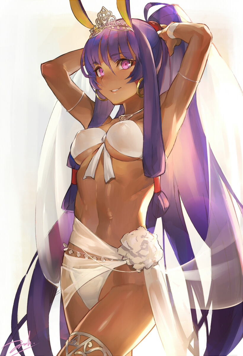 animal_ears armlet arms_up bandeau bianyuanqishi bikini breasts cowboy_shot dark_skin earrings eyebrows_visible_through_hair eyeliner facial_mark fate/grand_order fate_(series) front-tie_bikini front-tie_top hair_tubes highres hoop_earrings jewelry long_hair makeup medium_breasts navel necklace nitocris_(fate/grand_order) nitocris_(swimsuit_assassin)_(fate) parted_lips pink_eyes ponytail purple_hair shiny shiny_skin sidelocks simple_background smile solo swimsuit thighlet tiara tying_hair underboob very_long_hair white_bikini wristband