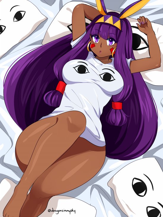 animal_ears barefoot big_hair bottomless breasts curvy d-ryuu dark_skin earrings eye_print eyebrows_visible_through_hair facial_mark fake_animal_ears fate/grand_order fate_(series) hairband hoop_earrings jackal_ears jewelry large_breasts long_hair looking_at_viewer lying nitocris_(fate/grand_order) on_back on_bed pillow purple_eyes purple_hair revision shirt solo t-shirt very_long_hair wide_hips