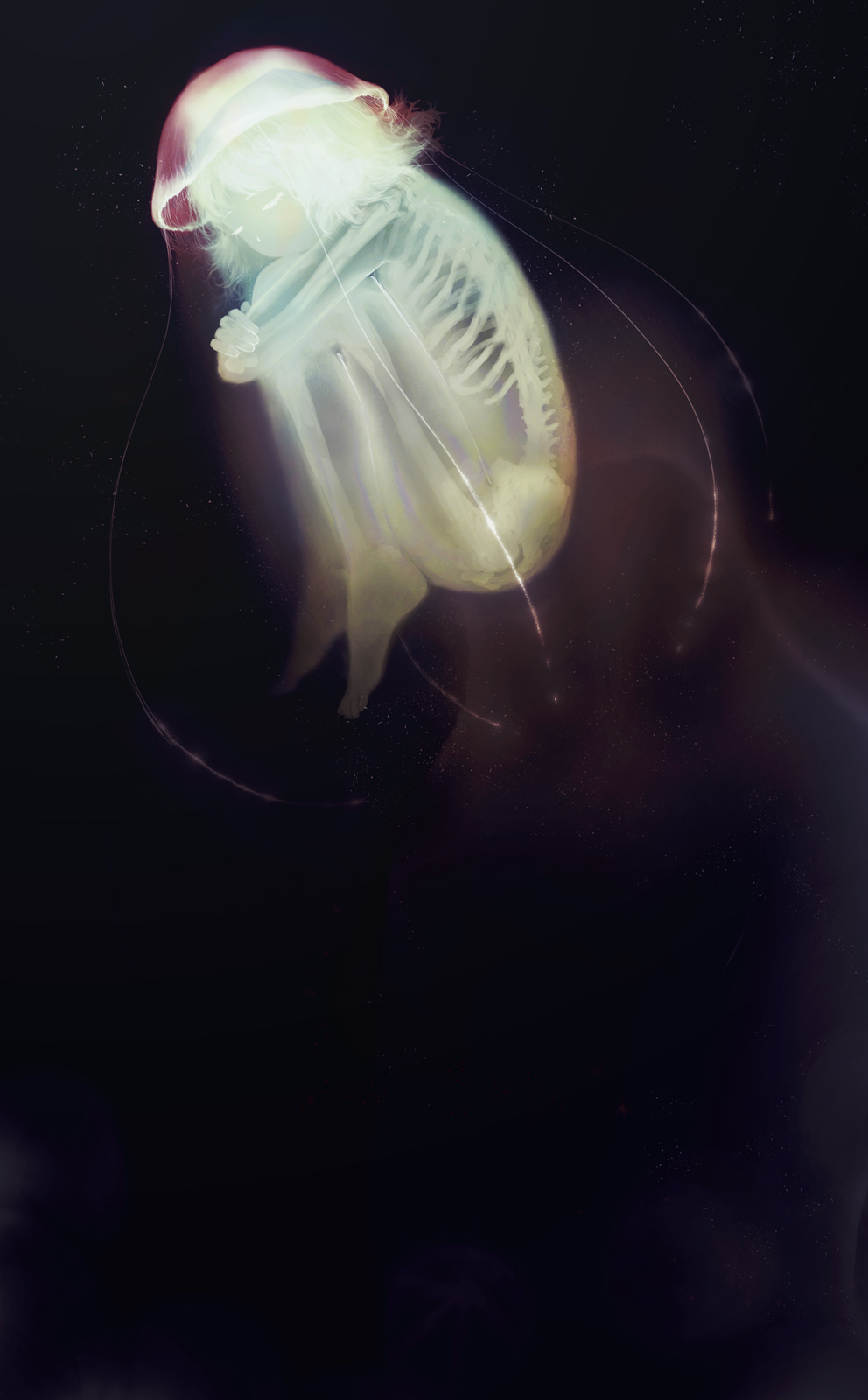 bad_id bad_pixiv_id bone closed_eyes commentary from_side glowing highres jellyfish leg_hug light_particles monster_girl nude original ribs ryono_mizuki short_hair skeleton solo spine submerged tentacles transparent underwater white_hair