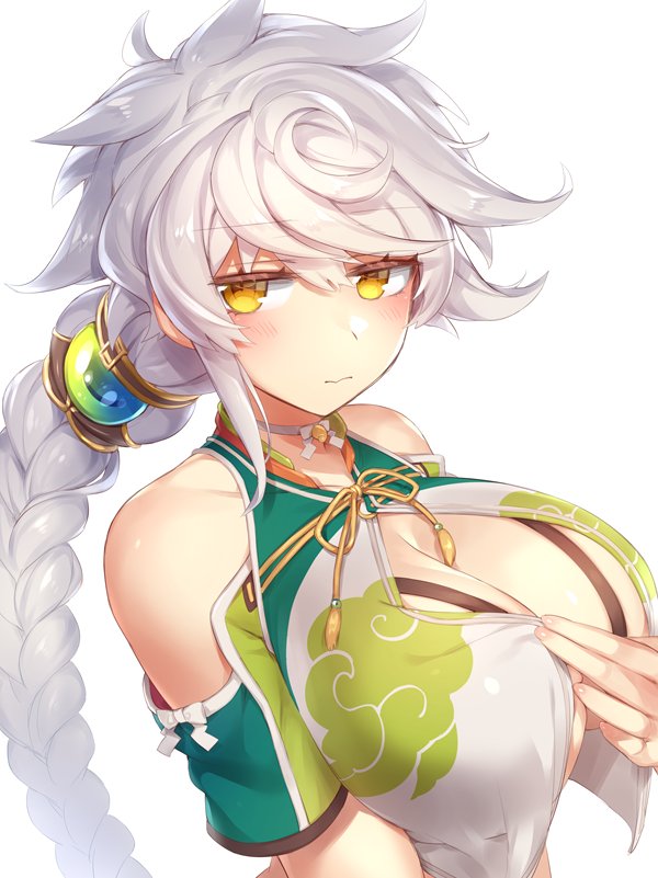 asymmetrical_hair bangs bare_shoulders blush bra braid breasts choker cleavage cloud_print commentary_request crop_top cupless_bra eyebrows_visible_through_hair gem hair_ornament hand_on_own_chest huge_breasts jitome kantai_collection long_hair looking_at_viewer looking_to_the_side open_clothes open_shirt shirt shoulder_cutout silver_hair simple_background single_braid solo swept_bangs underwear unryuu_(kantai_collection) upper_body very_long_hair wavy_hair white_background yamaarashi yellow_eyes
