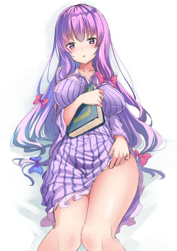 bangs bare_legs between_breasts blue_bow book bow breasts dress hair_bow head_tilt holding holding_book large_breasts long_hair looking_at_viewer patchouli_knowledge purple_eyes purple_hair red_bow short_dress simple_background sitting solo striped striped_dress touhou white_background yukishiro_arute