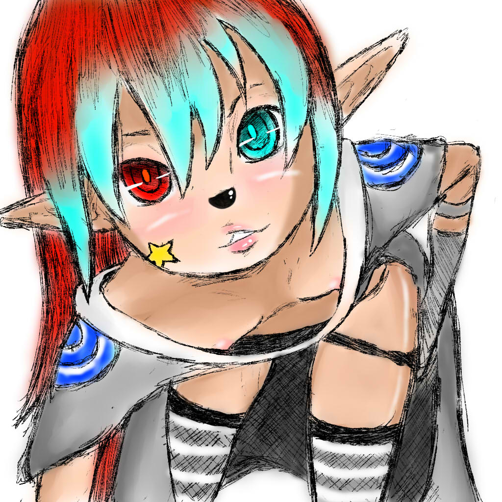 aqua_eyes aqua_hair areolae bangs bent_over blush breasts bright_pupils fantasy gradient_hair head_tilt inxsis looking_at_viewer lyrin_(inxsis) multicolored_hair nipples no_bra original panties parted_lips pointy_ears puffy_lips red_eyes red_hair ringed_eyes self_upload simple_background sketch small_breasts solo standing two-tone_hair underwear white_background