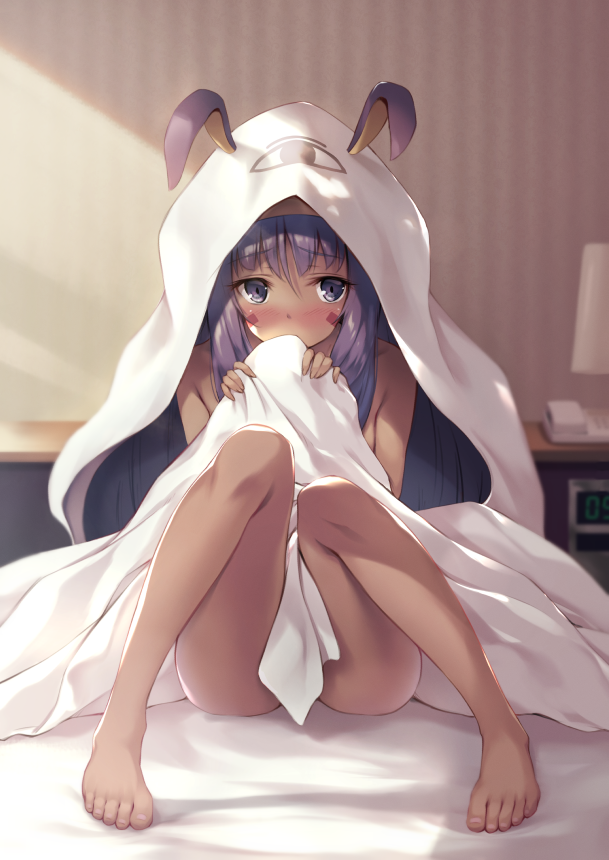 animal_ears blanket blush clock closed_mouth dark_skin embarrassed facepaint facial_mark fate/grand_order fate_(series) indoors jackal_ears knees_up lamp naked_sheet nitocris_(fate/grand_order) nitocris_(swimsuit_assassin)_(fate) nose_blush nude on_bed ouka_(ra-raradan) purple_eyes purple_hair sitting solo thighs