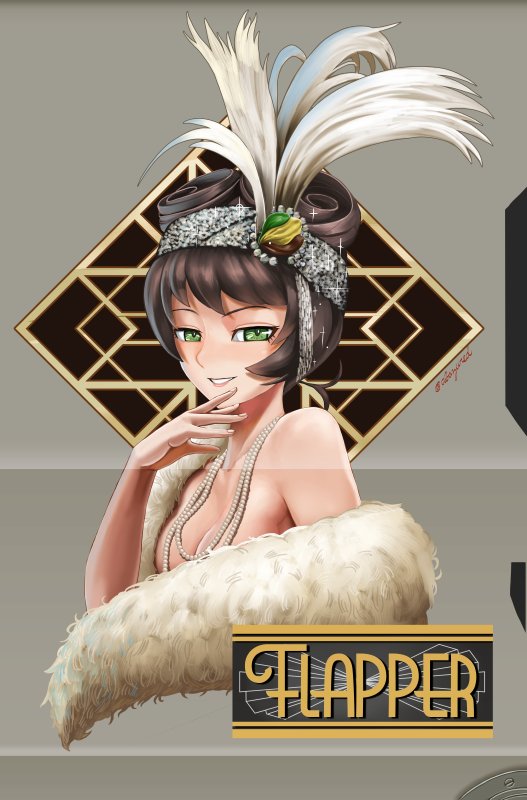 abazu-red bangs breasts brown_hair circlet cleavage commentary_request cropped_torso english feathers fur girls_und_panzer green_eyes hair_feathers hair_ornament hair_rings hosomi_(girls_und_panzer) jewelry looking_at_viewer medium_breasts necklace no_shirt parted_lips pearl_necklace portrait short_hair smile standing