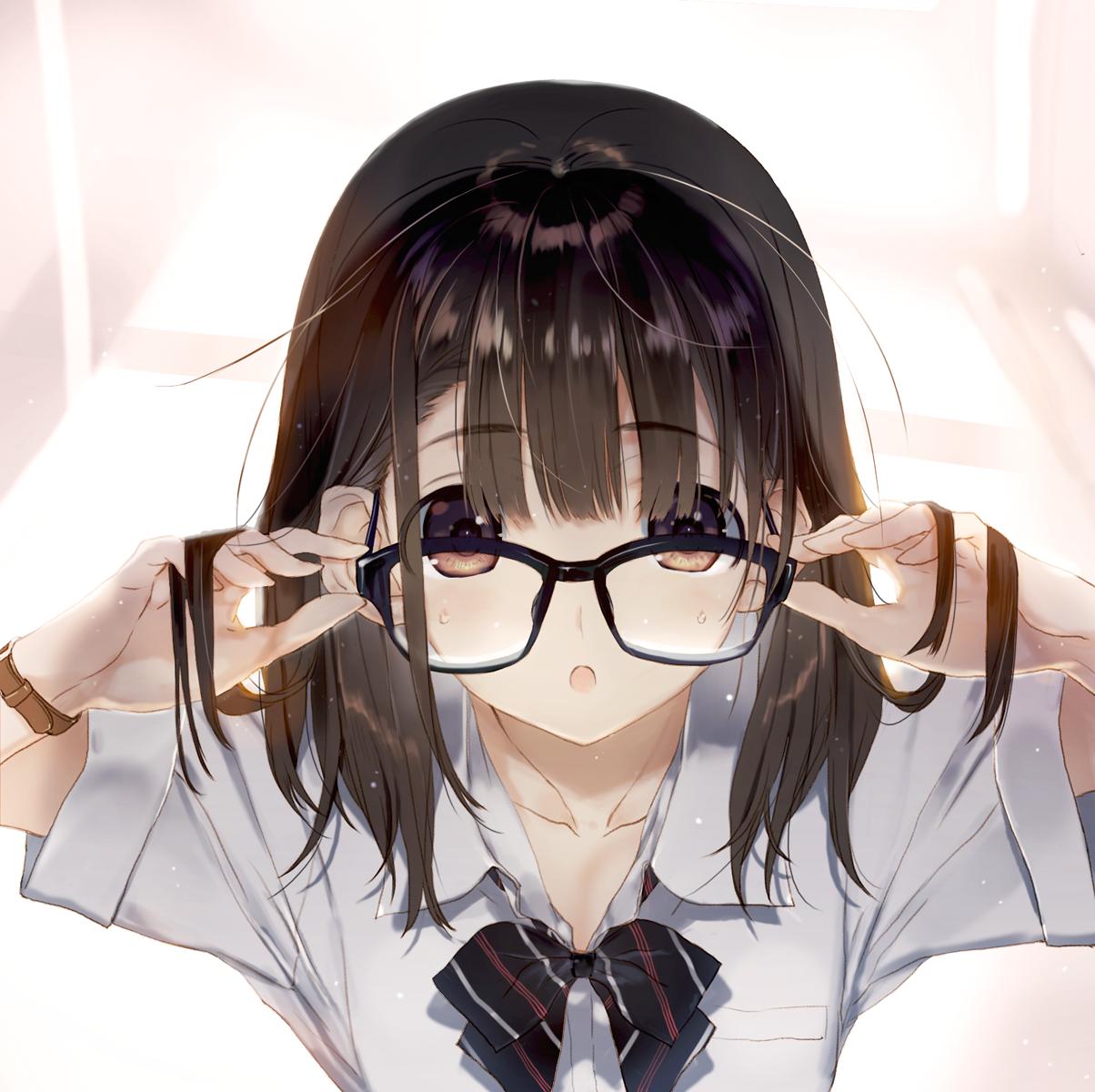 1girl adjusting_eyewear bangs black-framed_eyewear bow brown_eyes brown_hair collarbone commentary eyebrows_visible_through_hair glasses hair_between_eyes hands_up highres holding looking_at_viewer nakamura_takeshi open_mouth original shiny shiny_hair shirt short_hair short_sleeves simple_background upper_body watch white_shirt wristwatch