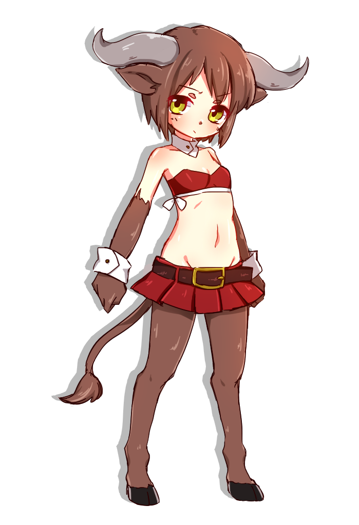animal_ears bangs bare_shoulders belt belt_buckle blush bra breasts brown_fur brown_hair buckle clenched_hands closed_mouth cow_ears cow_girl cow_horns cow_tail detached_collar eyebrows_visible_through_hair full_body fur hooves horns kai_himo legs_apart looking_at_viewer monster_girl navel original pantyhose pleated_skirt pout red_bra red_skirt short_hair simple_background skirt small_breasts solo standing strapless strapless_bra tail underwear white_background yellow_eyes