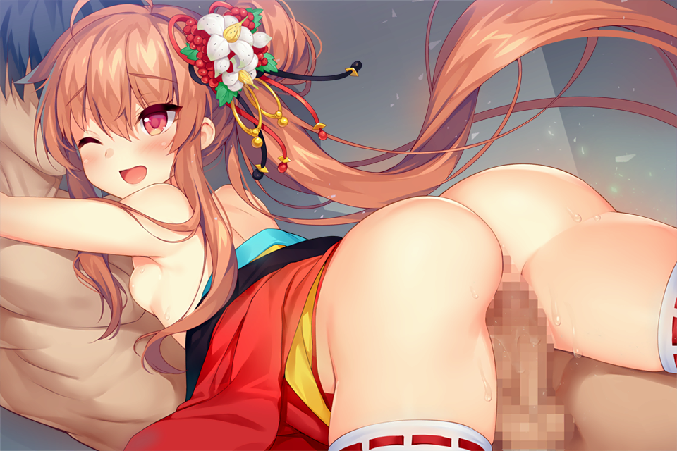 1girl ;o ass bare_shoulders blush breasts brown_hair censored flower flower_knight_girl game_cg hair_bun hair_flower hair_ornament hetero japanese_clothes kimono long_hair mosaic_censoring official_art one_eye_closed open_mouth orange_eyes penis ponytail senryou_(flower_knight_girl) sex sidelocks small_breasts solo_focus sugimeno thighhighs vaginal