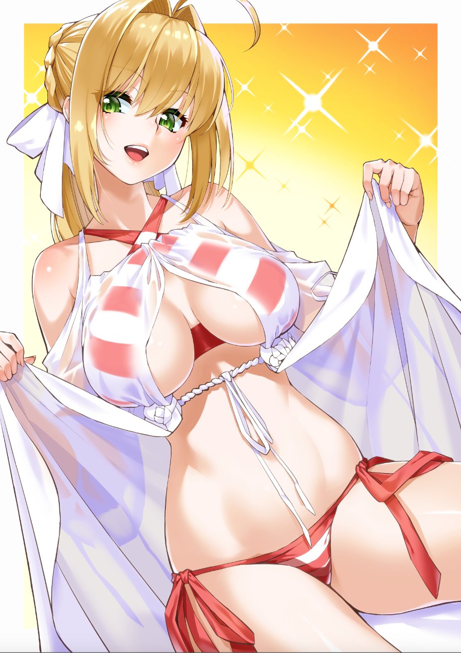 ahoge bikini blonde_hair braid breasts contrapposto cowboy_shot criss-cross_halter dutch_angle eyebrows_visible_through_hair fate/grand_order fate_(series) front-tie_top green_eyes hair_between_eyes hair_intakes hair_ribbon halterneck highres large_breasts medium_hair nero_claudius_(fate)_(all) nero_claudius_(swimsuit_caster)_(fate) open_mouth outside_border ribbon saruchitan side-tie_bikini simple_background solo sparkle standing striped striped_bikini swimsuit