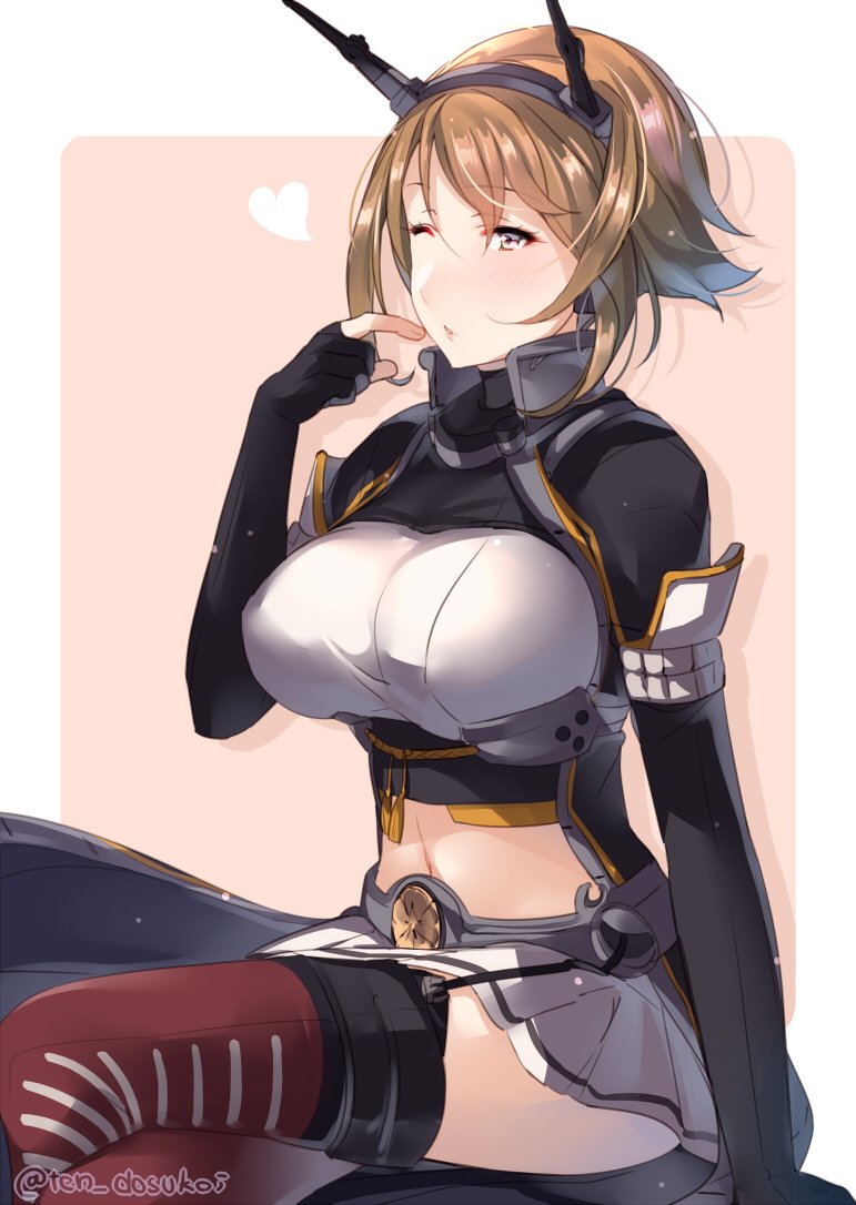 black_jacket blush border breasts brown_hair cosplay elbow_gloves fingerless_gloves gloves green_eyes hand_to_own_mouth headgear heart jacket juurouta kantai_collection large_breasts long_sleeves looking_at_viewer midriff miniskirt mutsu_(kantai_collection) nagato_(kantai_collection) nagato_(kantai_collection)_(cosplay) navel one_eye_closed outside_border pink_background remodel_(kantai_collection) short_hair simple_background sitting skirt solo white_border