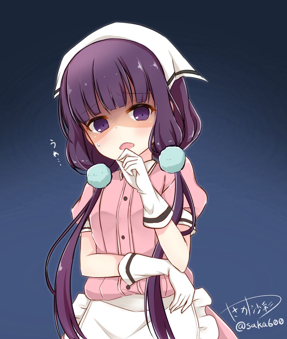 apron artist_name black_hair blend_s empty_eyes gloves hair_ornament hand_on_own_chin head_scarf long_hair looking_at_viewer low_twintails open_mouth purple_eyes sakuranomiya_maika shaded_face signature solo stile_uniform sweatdrop twintails twitter_username waitress white_gloves yasaka_(astray_l)