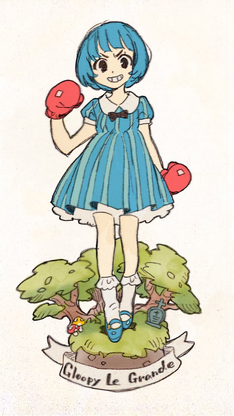 blue_dress blue_hair boxing_gloves character_name cuphead_(game) dress faux_figurine genderswap genderswap_(mtf) goopy_le_grande grin highres mary_janes mushroom oimo_(14sainobba) personification shoes smile striped striped_dress tombstone