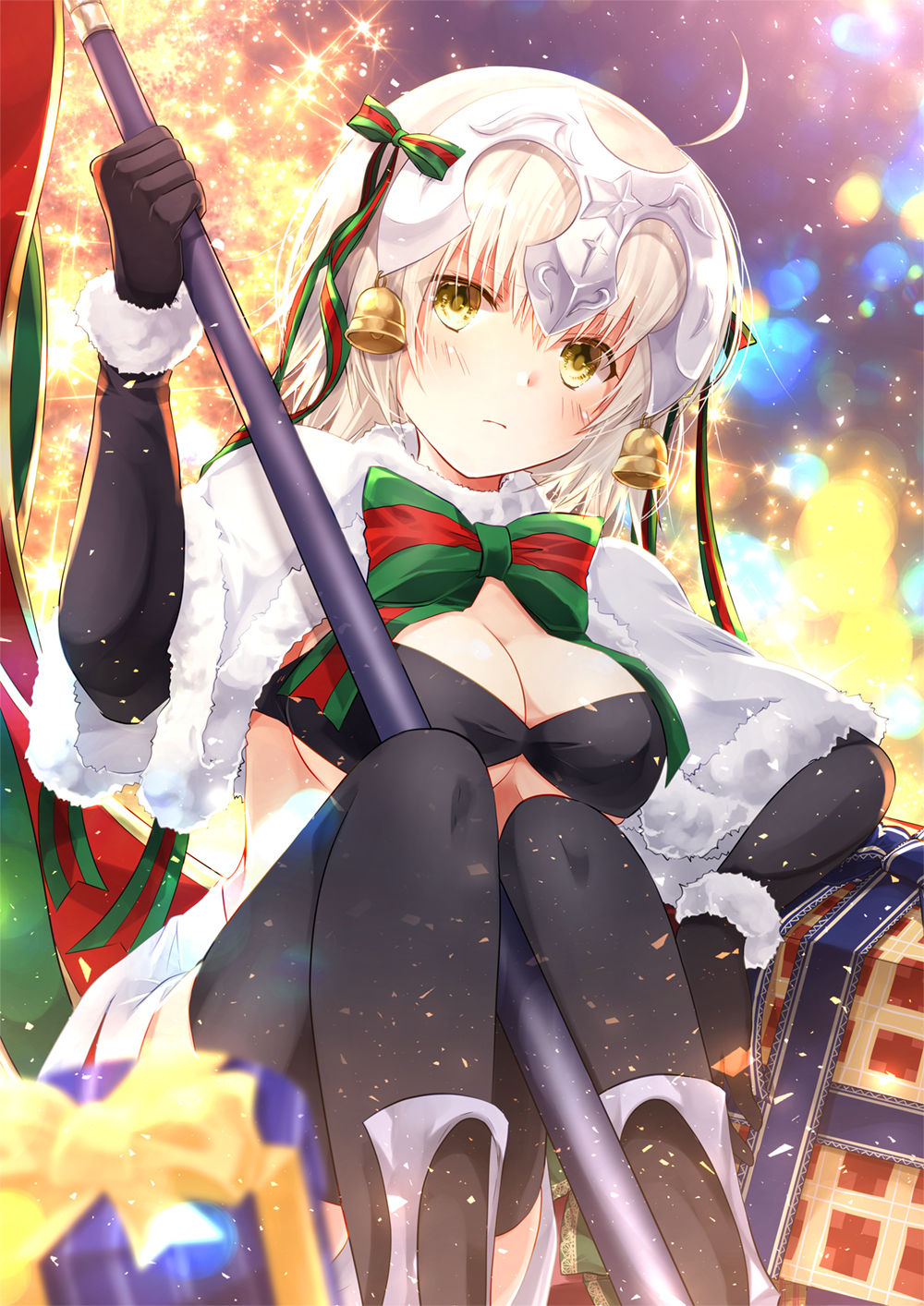 bell box breasts christmas fate/grand_order fate_(series) flag gift gift_box hair_ornament hair_ribbon helm helmet highres holding holding_flag iroha_(shiki) jeanne_d'arc_(fate)_(all) jeanne_d'arc_alter_santa_lily looking_at_viewer medium_breasts multicolored multicolored_background neck_ribbon older ribbon sitting thighhighs white_hair yellow_eyes