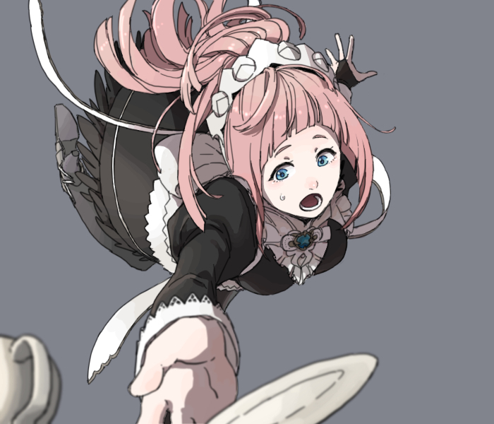 apron boots felicia_(fire_emblem_if) fire_emblem fire_emblem_if gem grey_background high_heel_boots high_heels long_hair maid_apron maid_headdress open_mouth pink_hair pixiv14364901 plate ponytail simple_background solo teeth thighhighs