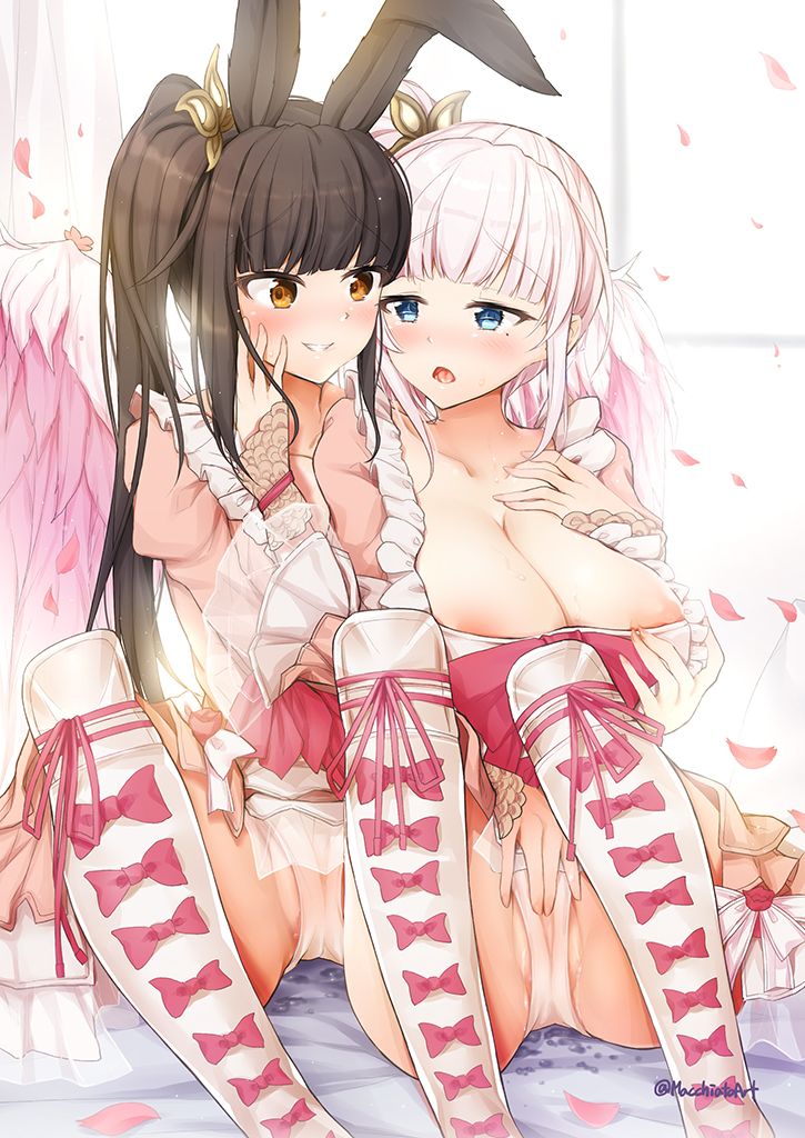 2girls animal_ears areola_slip areolae bangs black_hair blade_&amp;_soul blue_eyes blush boots breasts brown_eyes bunny_ears cleavage knee_boots large_breasts long_hair macchiato_(jae-min_cho) mole mole_under_eye multiple_girls nail_polish open_mouth panties parted_lips side_ponytail sitting smile spread_legs underwear white_hair white_panties wings yuri