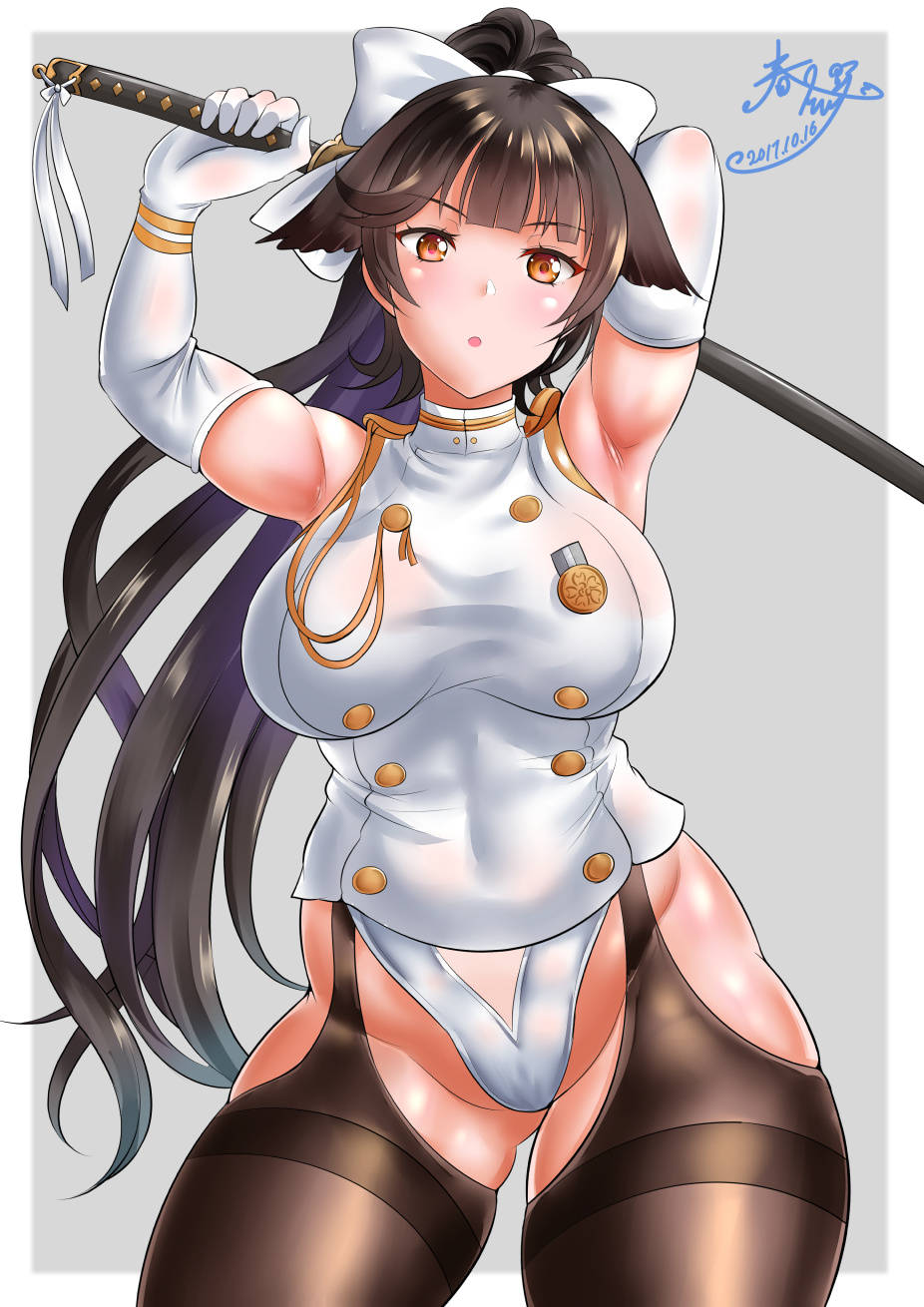 :o arms_up azur_lane bad_id bad_pixiv_id bangs black_hair black_legwear blunt_bangs border breasts commentary_request contrapposto covered_navel cowboy_shot dated double-breasted elbow_gloves eyebrows_visible_through_hair floating_hair gloves grey_background hair_ribbon high_ponytail highres holding holding_sword holding_weapon jacket kasugano_tobari large_breasts leotard long_hair looking_at_viewer orange_eyes ponytail ribbon scabbard sheath sheathed shiny shiny_hair shiny_skin signature simple_background skindentation sleeveless_jacket solo standing sword takao_(azur_lane) taut_clothes thick_thighs thighhighs thighs very_long_hair weapon white_border white_gloves white_jacket white_leotard white_ribbon