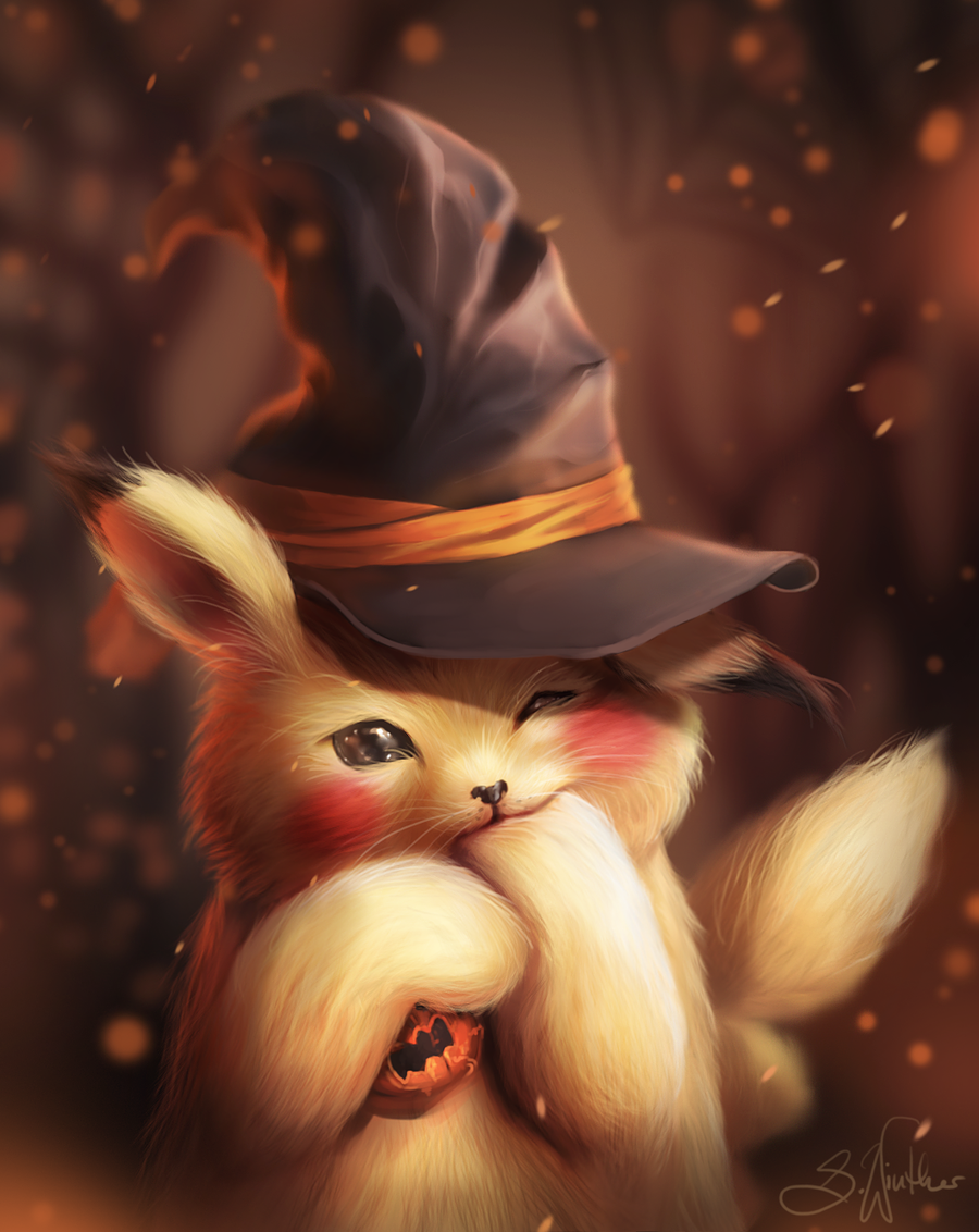 black_eyes black_hat blurry blurry_background depth_of_field fur gen_1_pokemon half-closed_eye halloween_costume hat looking_at_viewer no_humans pikachu pokemon pokemon_(creature) realistic sandra_winther signature upper_body whiskers witch_hat