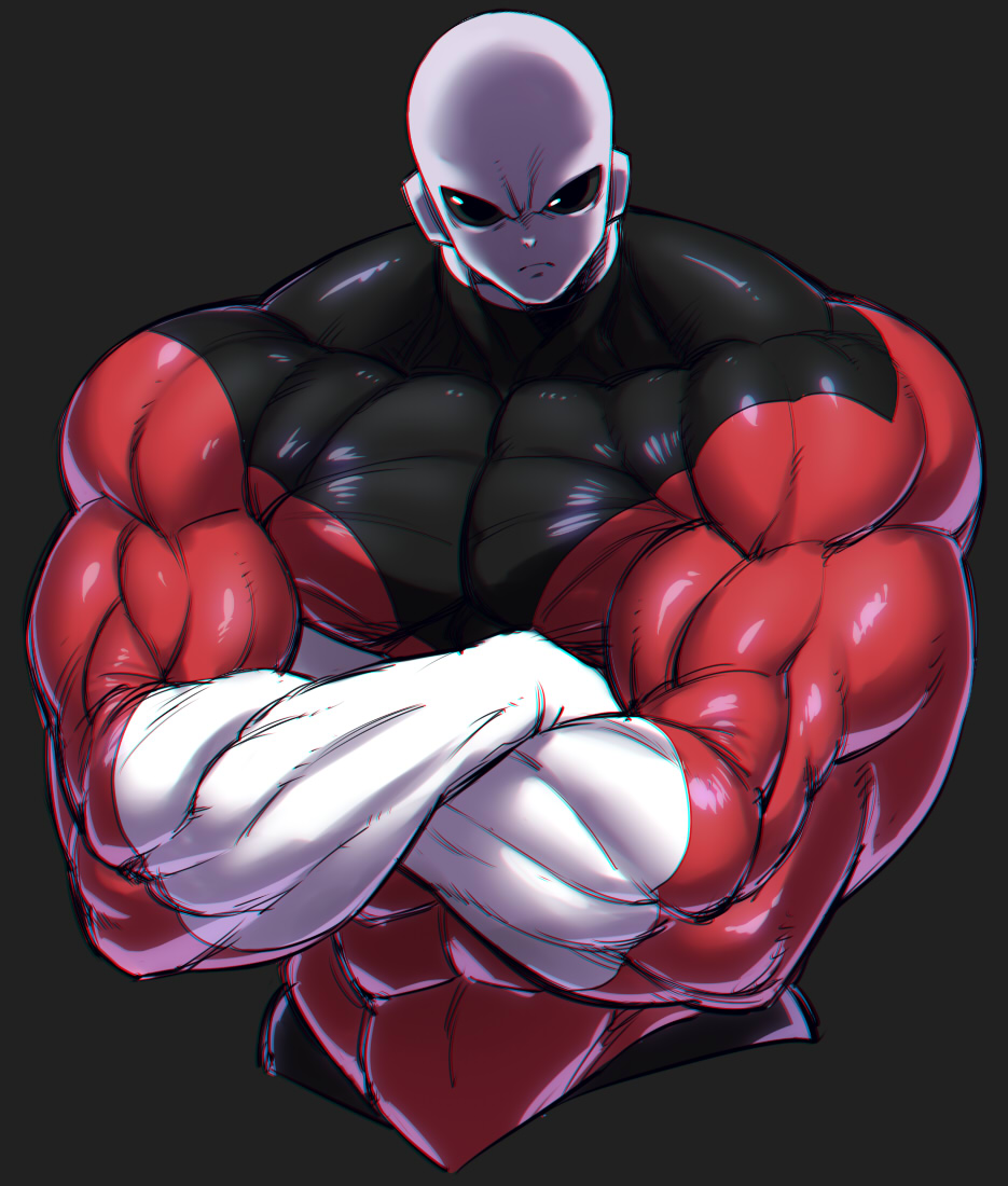 alien angry bald biceps black_background black_eyes bodysuit commentary cowboy_shot crossed_arms dragon_ball dragon_ball_super frown jiren looking_at_viewer male_focus muscle no_pupils pectorals simple_background solo space_jin