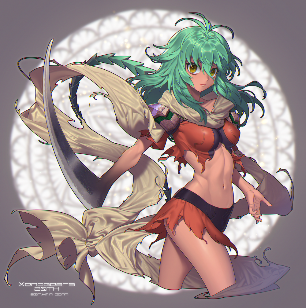 2017 anniversary antenna_hair armlet bangs blurry blurry_background breasts brown_scarf chromatic_aberration closed_mouth collarbone commentary_request copyright_name covered_nipples cropped_legs dark_skin emerada_(xenogears) eyebrows_visible_through_hair green_hair grey_background hair_between_eyes long_hair looking_at_viewer looking_to_the_side medium_breasts midriff navel outstretched_arm outstretched_hand red_shirt red_skirt scarf scythe shiny shiny_hair shirt short_sleeves skirt solo souma_kira standing stomach torn_clothes torn_shirt torn_skirt weapon xenogears yellow_eyes