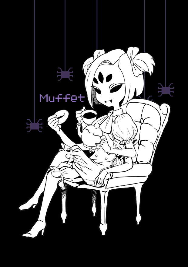 black_background bloomers bug chair character_name crossed_legs cup doughnut extra_eyes fangs food high_heels insect_girl monster_girl muffet multiple_arms puffy_short_sleeves puffy_sleeves short_hair short_sleeves short_twintails sitting spider spider_girl teacup teapot twintails undertale underwear