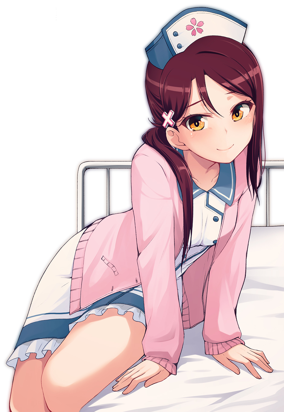 bed blush hat highres hospital_bed jacket long_hair looking_at_viewer love_live! love_live!_sunshine!! nanotsuki nurse nurse_cap on_bed pink_jacket red_hair sakurauchi_riko sitting sitting_on_bed smile solo yellow_eyes