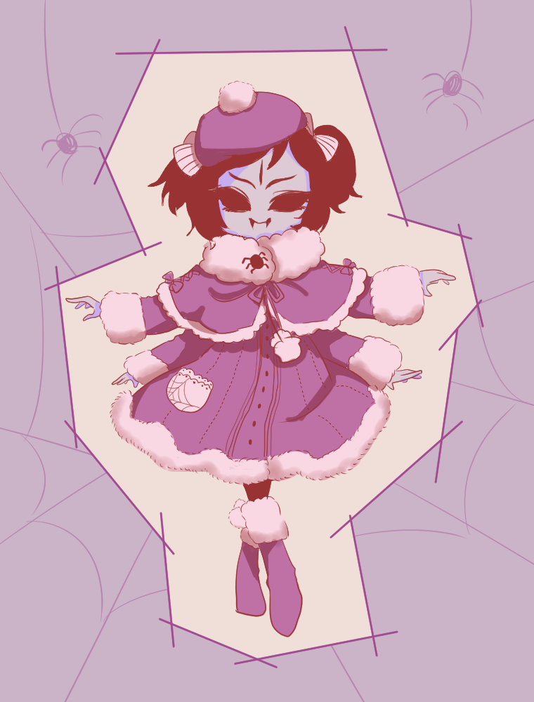 1girl boots coat extra_arms extra_eyes fangs hat monster_girl muffet purple_skin solo spider_girl twintails undertale