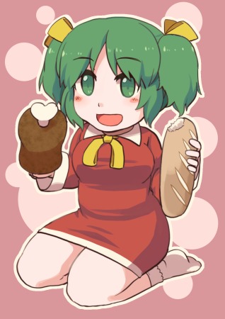 :d baguette bangs blush bobby_socks bone boned_meat bread breasts collared_dress dress elona eyebrows eyebrows_visible_through_hair food full_body green_eyes green_hair hair_ribbon holding holding_food looking_at_viewer looking_away lowres meat medium_breasts open_mouth outline pink_background red_dress ribbon shiny shiny_hair short_dress short_hair short_twintails sidelocks sitting smile socks solo tareme taut_clothes taut_dress tight tight_dress tokimoto tongue twintails wariza white_legwear white_outline yellow_ribbon younger_sister_(elona)