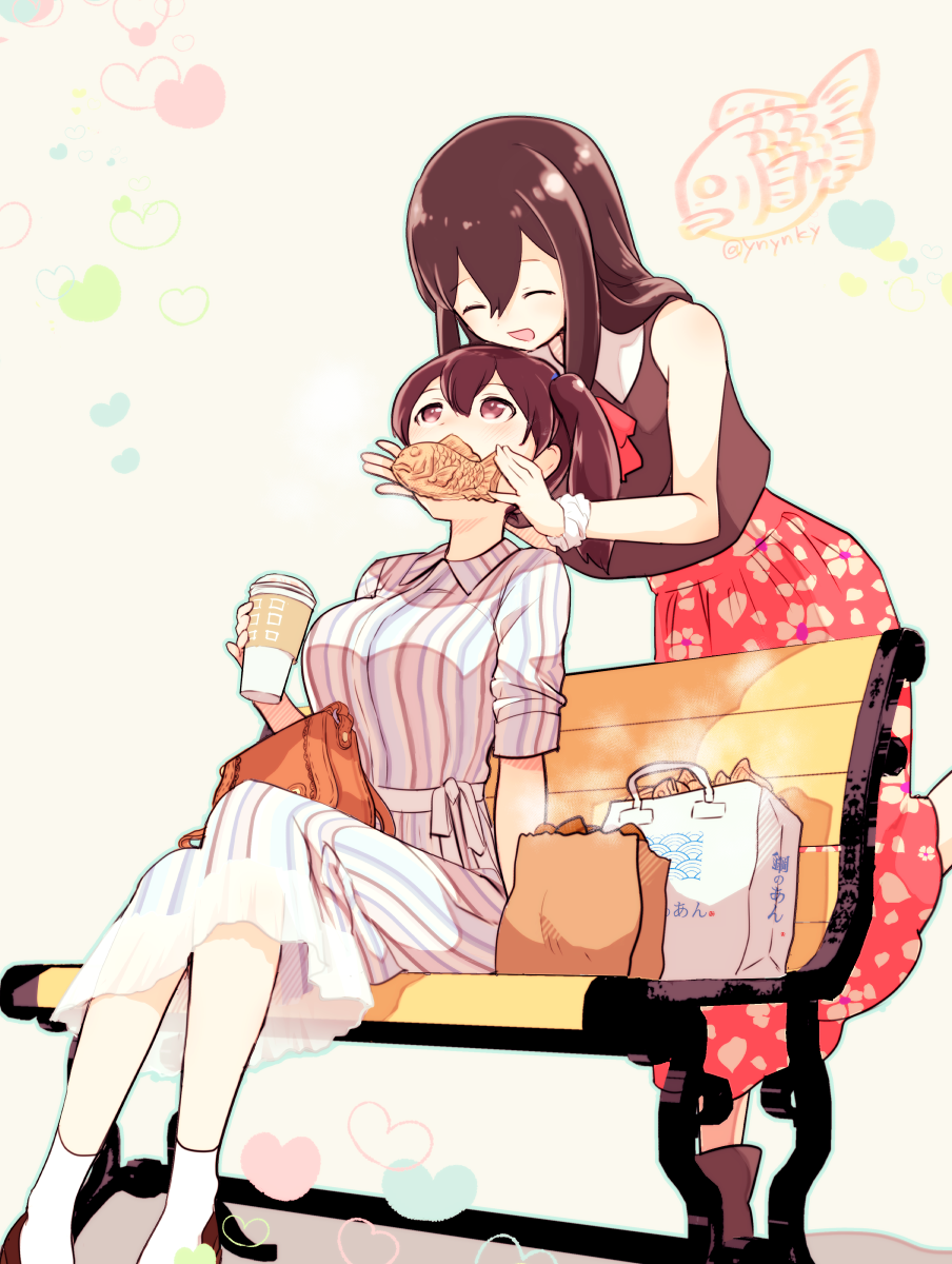 :d ^_^ ^o^ akagi_(kantai_collection) alternate_costume arm_at_side bag bare_arms bare_shoulders bench blush breasts brown_hair brown_shirt casual closed_eyes cup disposable_cup dress floral_print food full_body handbag heart highres holding holding_cup kaga_(kantai_collection) kantai_collection leaning_forward long_hair long_skirt looking_up medium_breasts multiple_girls open_mouth park_bench pink_eyes red_skirt shirt shopping_bag short_hair short_sleeves simple_background sitting skirt sleeveless sleeveless_shirt smile socks standing steam striped taiyaki tareme twitter_username vertical-striped_dress vertical_stripes wagashi white_legwear yellow_background yuri yuzuki_yuno