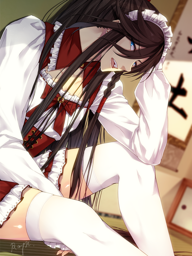 alternate_costume black_hair blue_eyes braid crossdressing dress earrings enmaided izumi-no-kami_kanesada jewelry maid maid_headdress male_focus open_mouth rayn side_braid signature sitting stud_earrings thighhighs touken_ranbu white_legwear