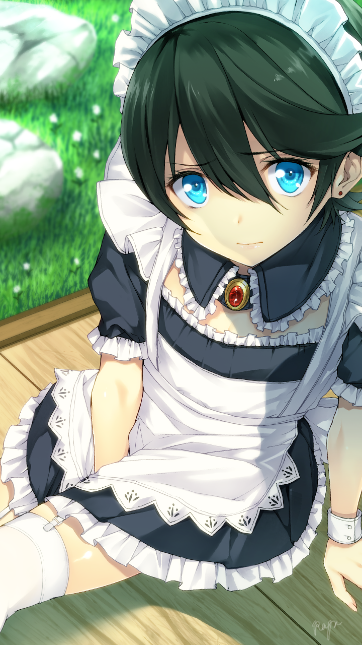 alternate_costume apron black_hair blue_eyes crossdressing dress earrings enmaided garter_straps highres horikawa_kunihiro jewelry maid maid_headdress male_focus rayn sitting stud_earrings thighhighs touken_ranbu white_legwear wrist_cuffs