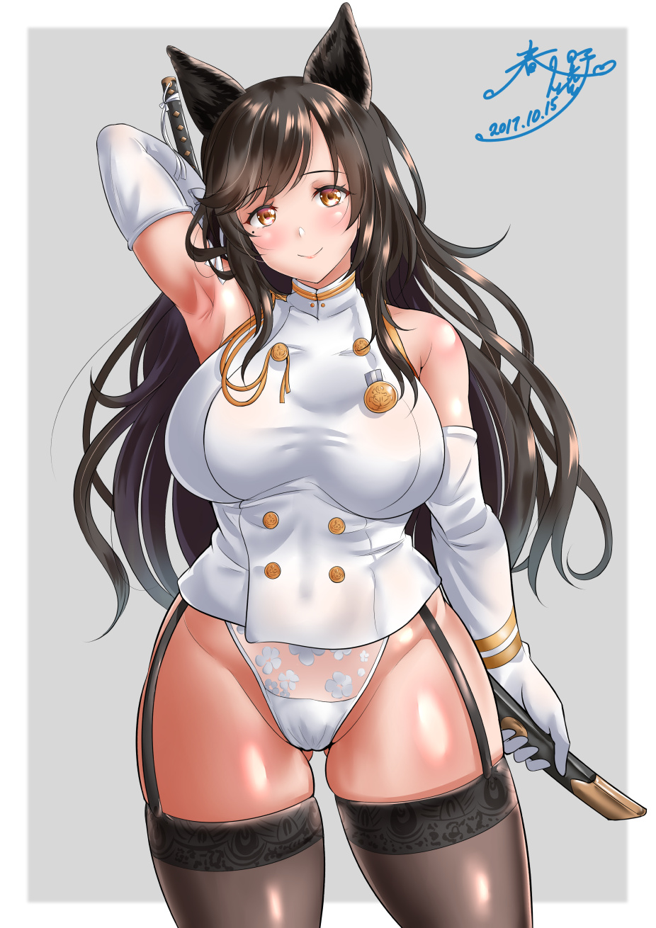 animal_ears arm_up armpits ass_visible_through_thighs atago_(azur_lane) azur_lane bangs bare_shoulders black_hair blush border breasts brown_eyes brown_legwear closed_mouth collarbone commentary_request cowboy_shot dated double-breasted elbow_gloves eyebrows_visible_through_hair floral_print gloves grey_background highleg highleg_panties highres holding holding_sword holding_weapon jacket kasugano_tobari large_breasts long_hair looking_at_viewer medal military military_uniform mole mole_under_eye no_pants outside_border panties print_panties scabbard sheath sheathed shiny shiny_clothes shiny_hair shiny_skin signature simple_background skindentation sleeveless sleeveless_jacket smile solo standing swept_bangs sword taut_clothes thick_thighs thighhighs thighs underwear uniform weapon white_border white_gloves white_jacket white_panties